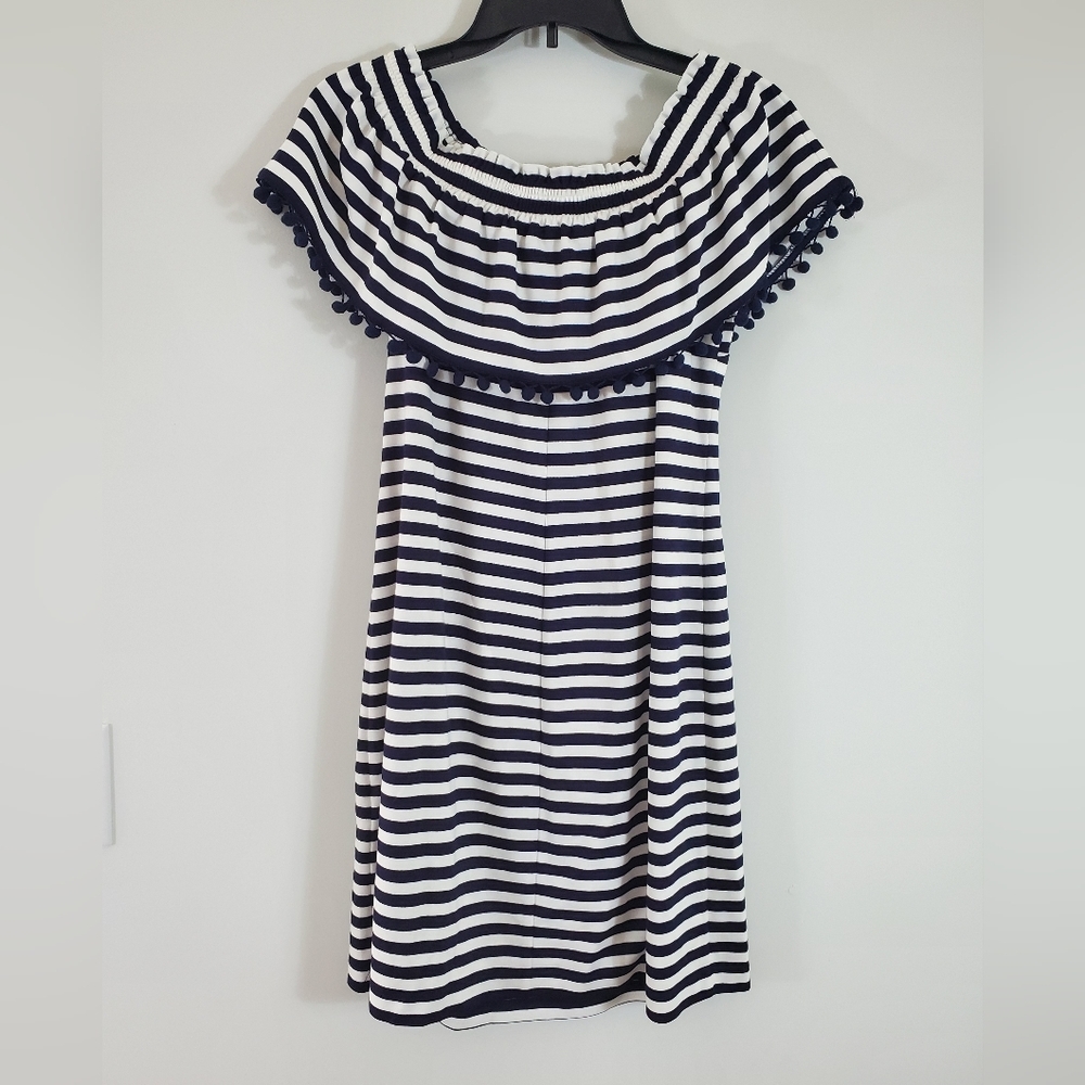Heyton Navy & White Stripe Pom Pom Trim Off Shoulder Dress Size 12